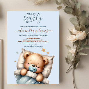 Invitation On Peut Attendre Teddy Bear Blue Boy Baby shower