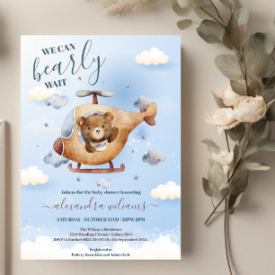 Invitation On Peut Attendre Teddy Bear Blue Boy Baby shower