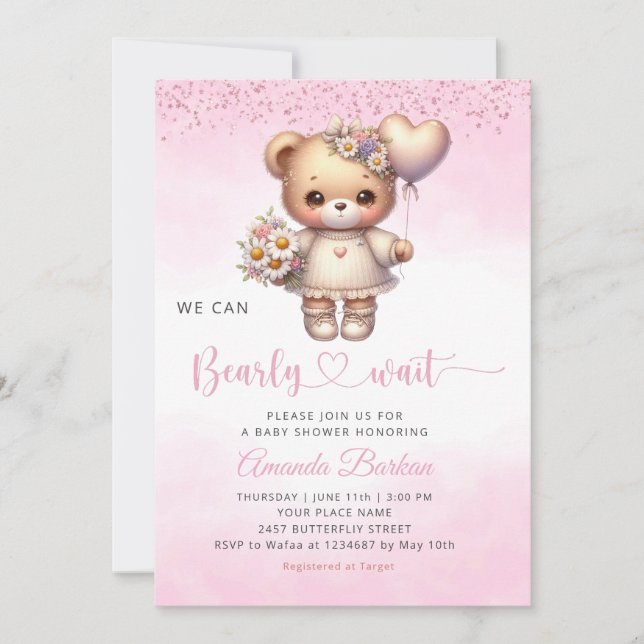 Invitation On peut attendre Teddy Bear Girl Baby shower (Devant)