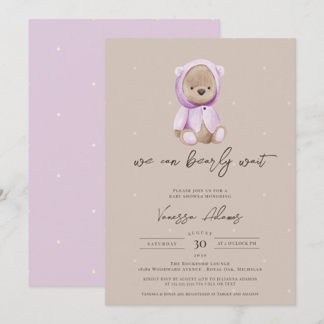 Invitation On Peut Attendre Teddy Bear Purple Baby shower (Devant / Derrière)