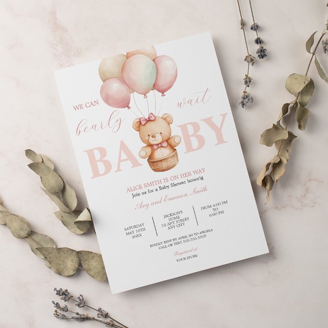 Invitation On peut attendre tôt Teddy Bear Baby shower rose (Créateur téléchargé)