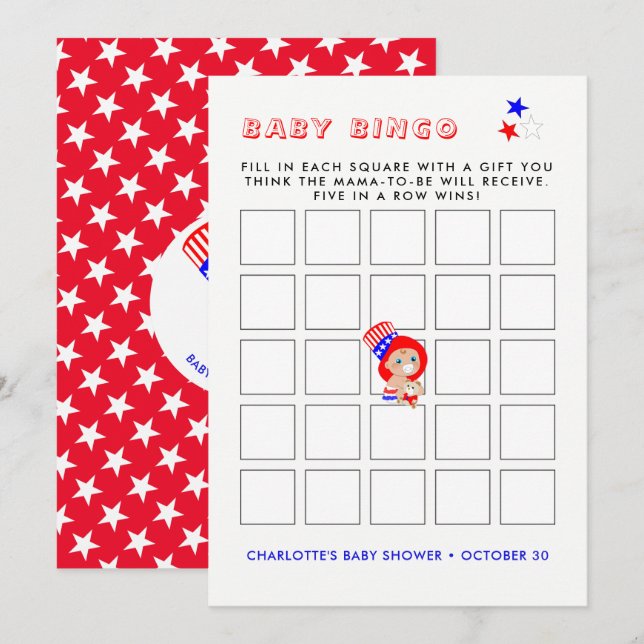 Invitation Oncle patriotique Sam Baby shower américain Bingo (Devant / Derrière)
