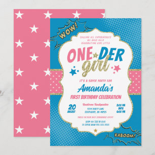 Invitation Onder Girl rose et bleu Premier anniversaire