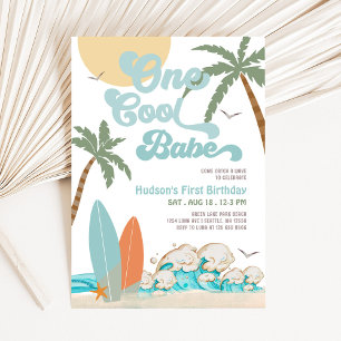 Invitation ONE Cool Babe Surfing Boy 1er Birthday Beach Party