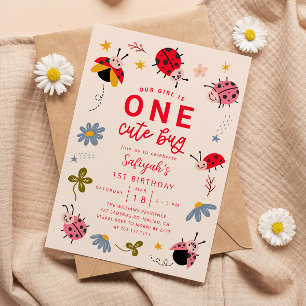 Invitation ONE Cute Bug Ladybug 1ère fête d'anniversaire