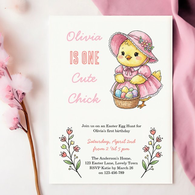 Invitation One Cute Chick Easter Themed 1st Birthday Party (One Cute Chick - Easter themed 1st birthday invitation - perfect for her first egg hunt!)