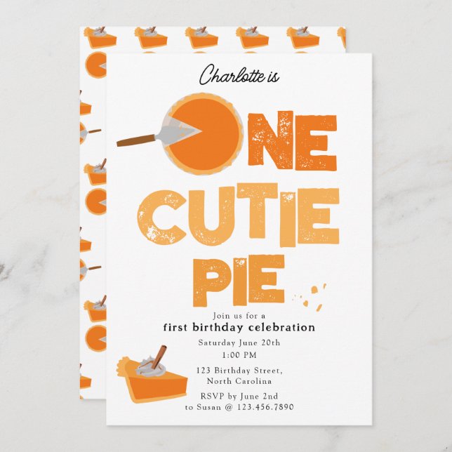 Invitation One Cutie Pie Invite 1st First Birthday Cute (Devant / Derrière)