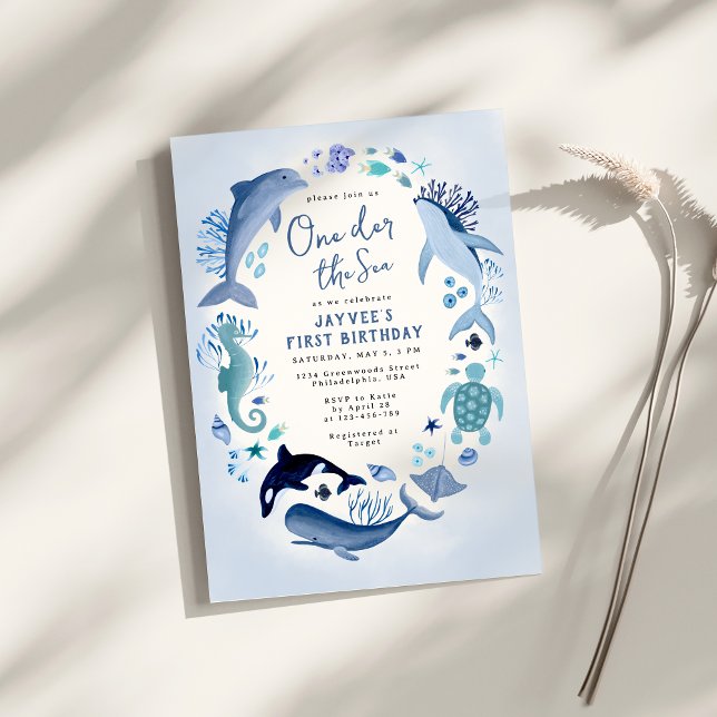 Invitation One der the Sea Blue Ocean Animals Premier anniver (Créateur téléchargé)