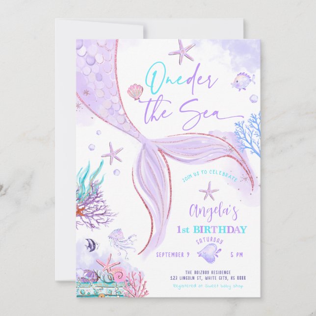 Invitation ONE der the Sea Mermaid Purple Turquoise Premier a (Devant)