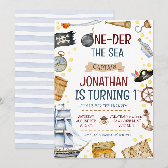 Invitation One der The Sea Pirate Ship 1er Anniversaire (Devant / Derrière)