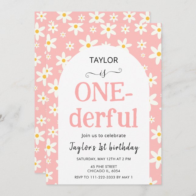 Invitation ONE-derful Pink Daisy 1st Birthday (Devant / Derrière)