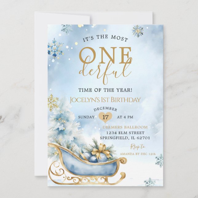 Invitation ONE derful Time Dusty Blue Winter Birthday Party (Devant)