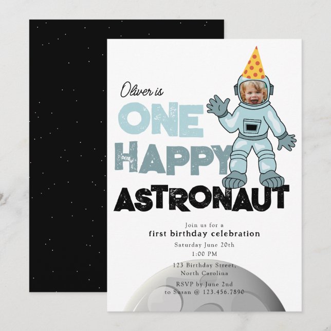 Invitation One Happy Astronaut Photo 1st  First Birthday (Devant / Derrière)