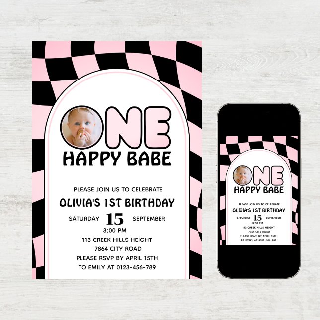 Invitation One Happy Babe Retro Super Girl Photo Anniversaire (Créateur téléchargé)