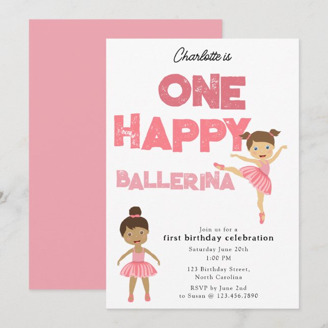Invitation One Happy Ballerina Invite 1st Girl Birthday (Devant / Derrière)
