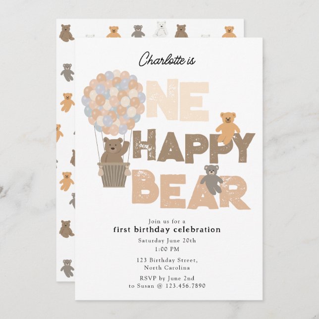 Invitation One Happy Bear Invite 1st  First Birthday Cute (Devant / Derrière)