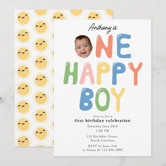 Invitation One Happy Boy Birthday Invite 1st Birthday Photo (Devant / Derrière)