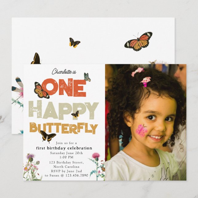 Invitation One Happy Butterfly 1st Wildflower Birthday Photo (Devant / Derrière)