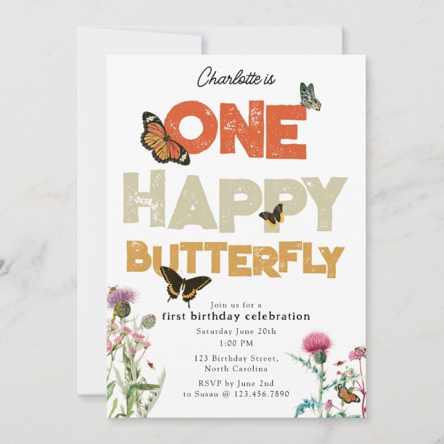 Invitation One Happy Butterfly Invite 1st Wildflower Birthday (Devant)