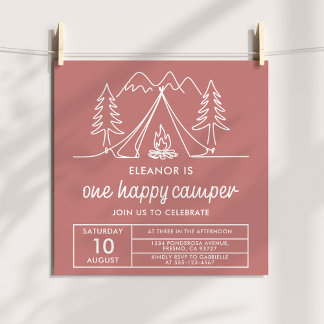 Invitation One Happy Camper Minimalist Dusty Pink Doodle