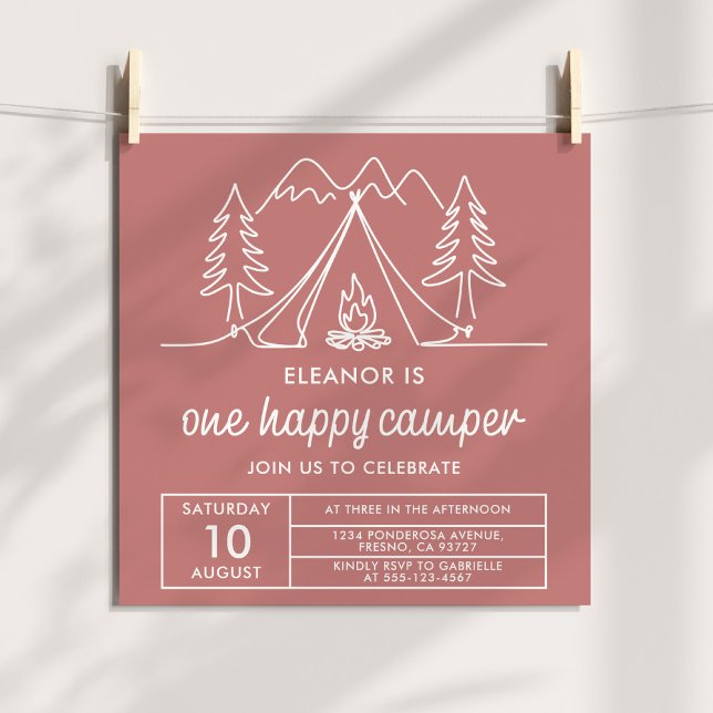 Invitation One Happy Camper Minimalist Dusty Pink Doodle (Créateur téléchargé)