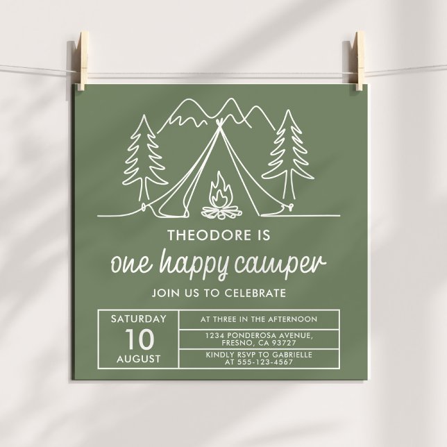 Invitation One Happy Camper Minimalist Sage Green Doodle (Créateur téléchargé)
