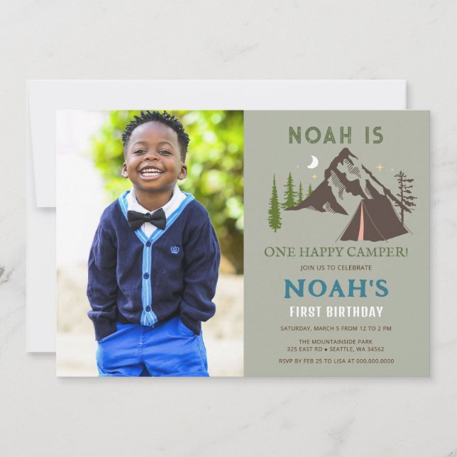 Invitation One Happy Camper Photo Boys First Birthday (Devant)