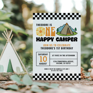 Invitation One Happy Camper Retro 70s Groovy One Boy 1st