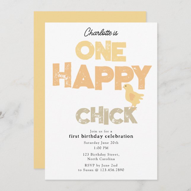 Invitation One Happy Chick Invite 1st Baby Chicken Birthday (Devant / Derrière)
