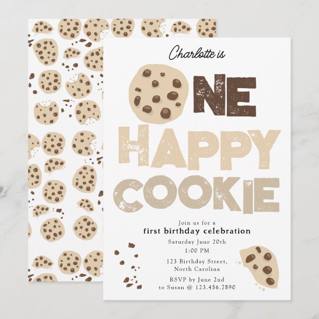 Invitation One Happy Cookie Invite 1st  First Birthday Cute (Devant / Derrière)