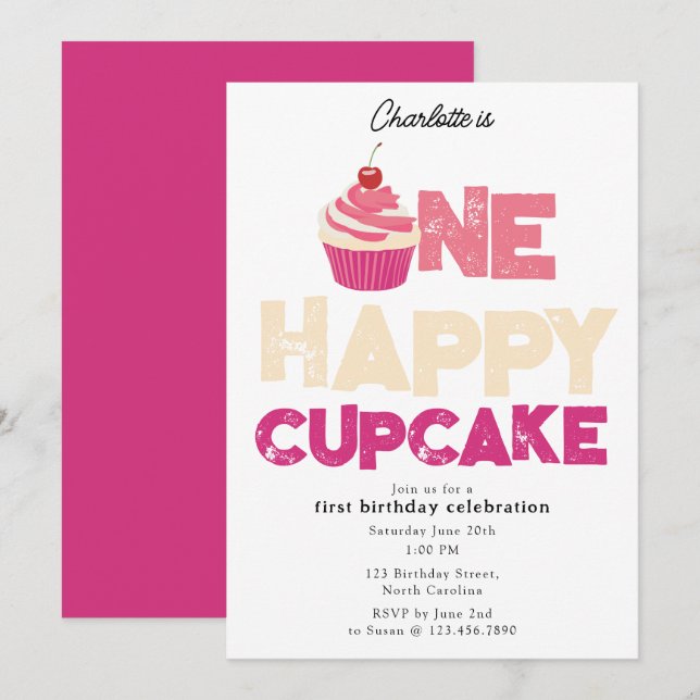 Invitation One Happy Cupcake Invite 1st First Birthday Cute (Devant / Derrière)