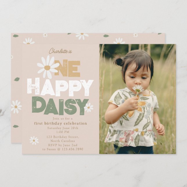 Invitation One Happy Daisy Invite 1st  First Birthday Photo (Devant / Derrière)
