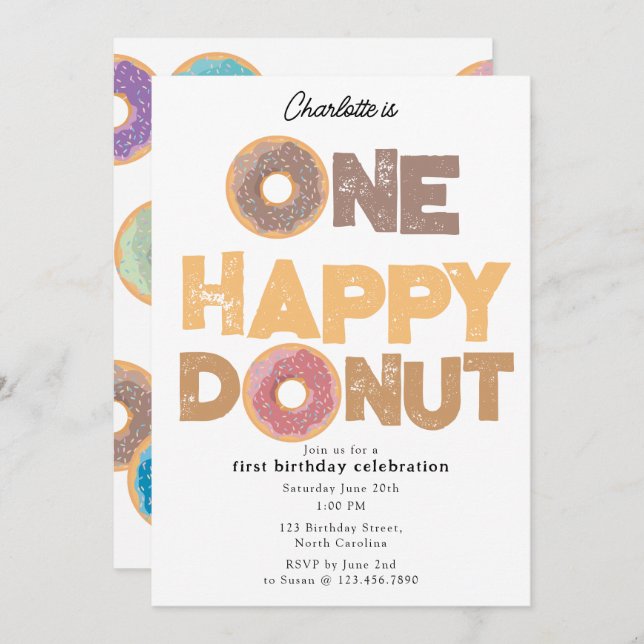 Invitation One Happy Donut Invite 1st  First Birthday Cute (Devant / Derrière)