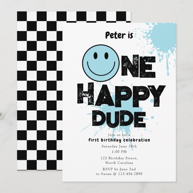 Invitation One Happy Dude Invite 1st First Birthday Boy Blue (Devant / Derrière)