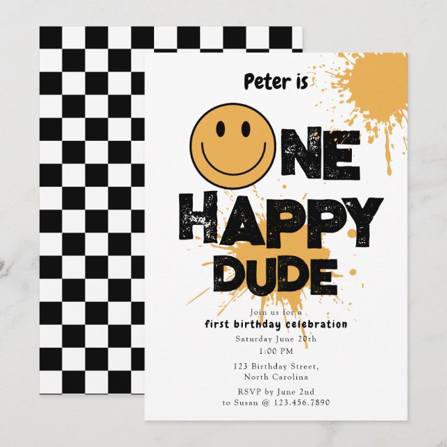 Invitation One Happy Dude Invite 1st First Birthday Cute Boy (Devant / Derrière)