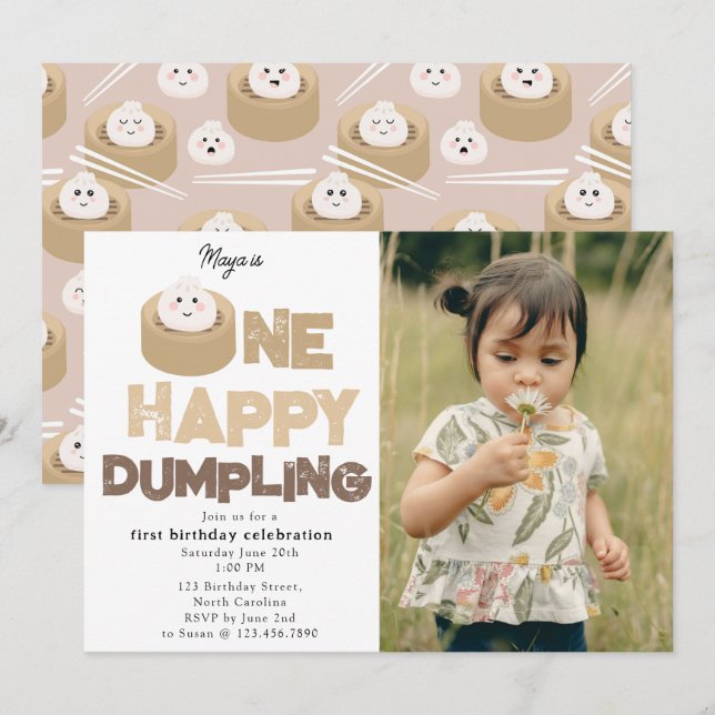 Invitation One Happy Dumpling Invite 1st First Birthday Photo (Devant / Derrière)