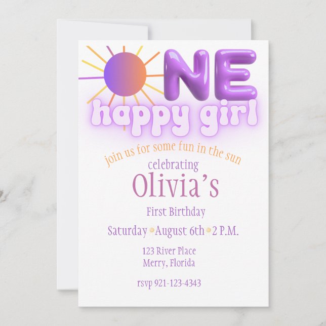 Invitation One Happy Girl, thème soleil Anniversaire Invitati (Devant)