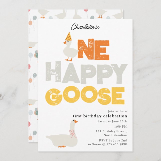 Invitation One Happy Goose Invite 1st  First Birthday Cute (Devant / Derrière)