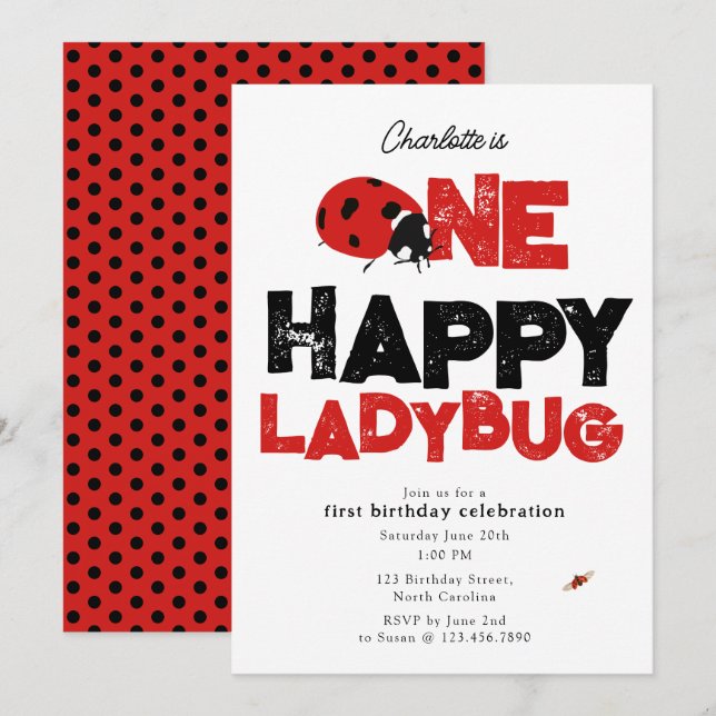 Invitation One Happy Ladybug Invite 1st First Birthday Cute (Devant / Derrière)