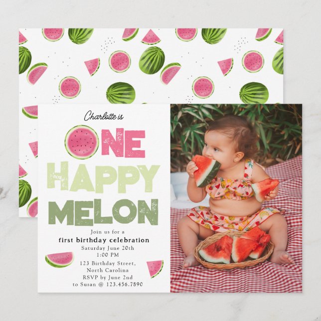 Invitation One Happy Melon 1st Summer Birthday Photo (Devant / Derrière)