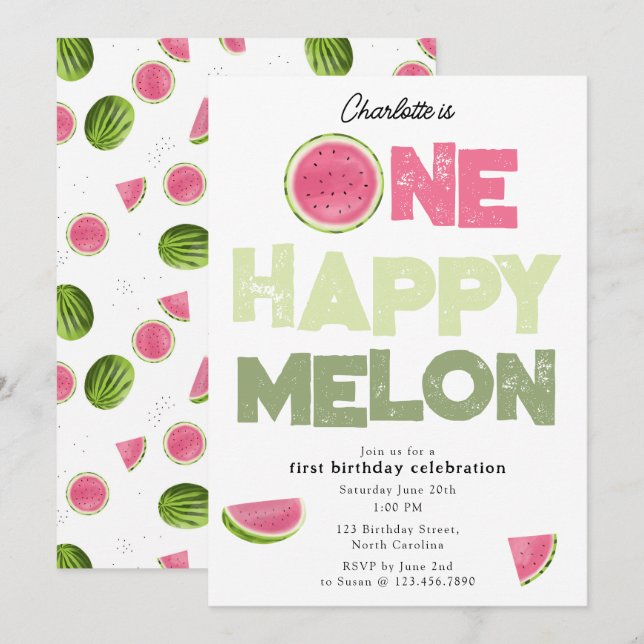 Invitation One Happy Melon Invite 1st Summer Birthday (Devant / Derrière)