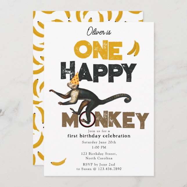 Invitation One Happy Monkey Cute Invite 1st First Birthday (Devant / Derrière)