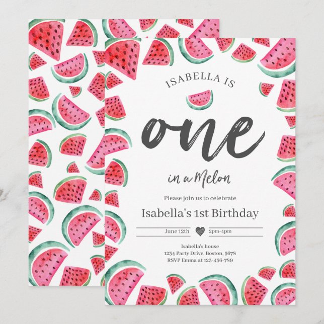 Invitation One In A Melon 1er Birthday Watermelon Anniversair (Devant / Derrière)