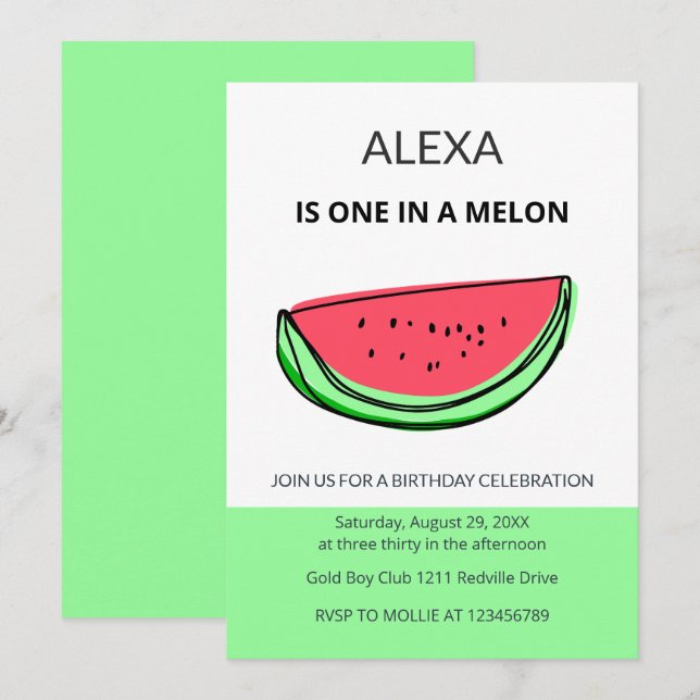 Invitation One in a Melon 1st Birthday Watermelon Birthday (Devant / Derrière)