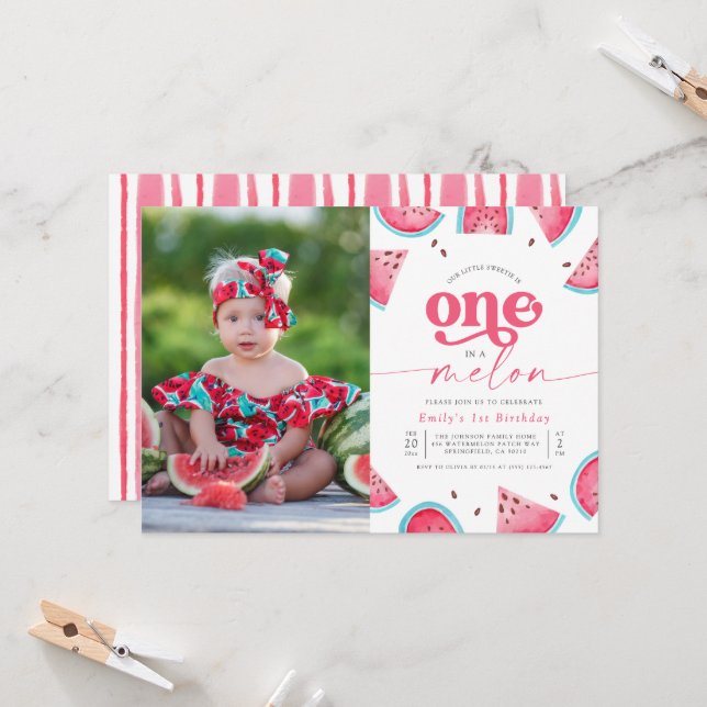 Invitation One in a Melon Girls Photo First Birthday Party (Devant/Arrière en situation)
