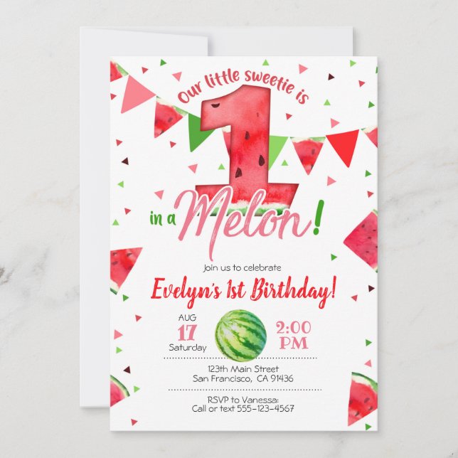 Invitation One in a Melon Invitation, Watermelon 1er Annivers (Devant)