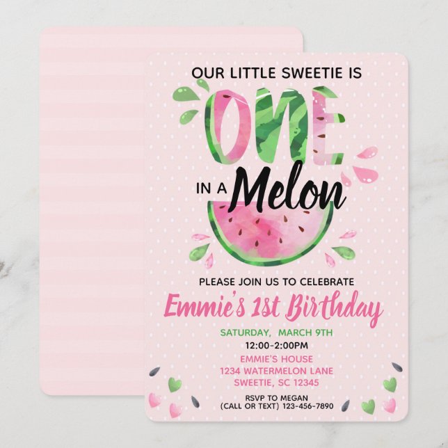Invitation One in a Melon Little Girl First Birthday Invitati (Devant / Derrière)