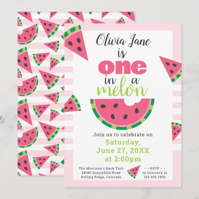 Invitation One in a Melon Watermelon Baby Girl 1er anniversai (Devant / Derrière)