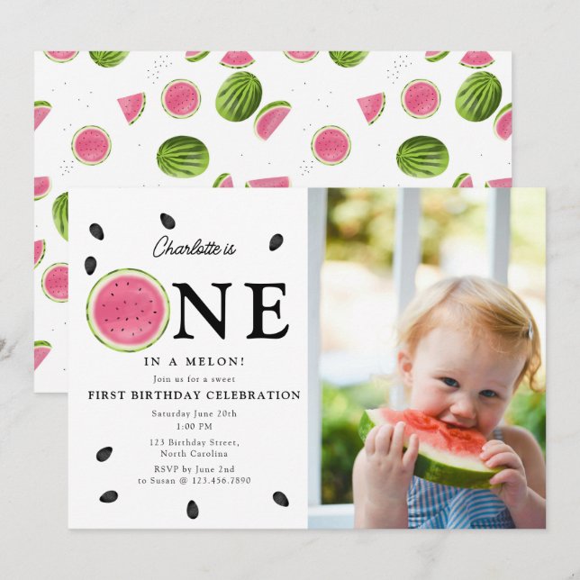 Invitation One in a Melon Watermelon Summer Photo Anniversair (Devant / Derrière)