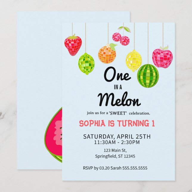 Invitation One in a Watermelon! 1st Birthday Party (Devant / Derrière)